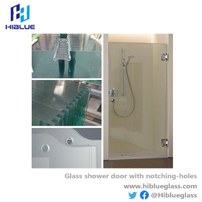 Glass shower door with hing cutting notching